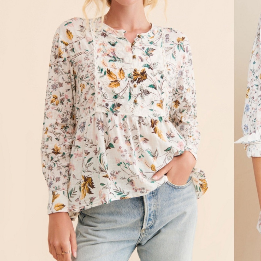 By Anthropologie Ginevra Lace Babydoll Blouse White With Floral Print Cotton XS